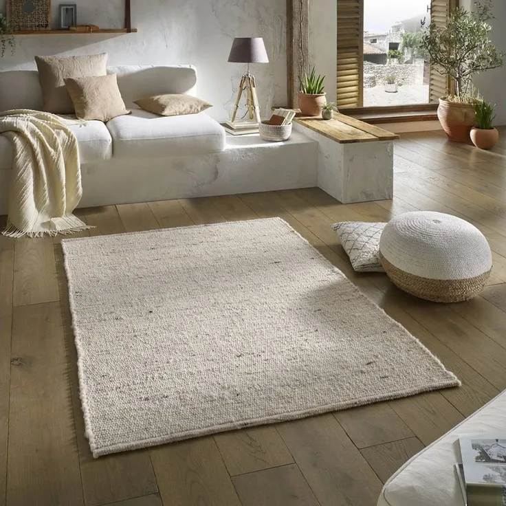 TaraCarpet Wollteppich TaraCarpet Handwebteppich Malmoe, rechteckig, Höhe: 10 mm, Schurwolle Webteppich beige meliert Wohnzimmer Schlafzimmer 070x130