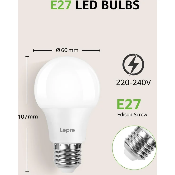 Lepro 8.5W E27 LED Warmweiss, 806 Lumen Glühbirne E27 ersetzt 60W, 2700K Warmweiß A60 glühbirnen, 180°Abstrahlwinkel Led Birne, Nicht Dimmbar, 6 Stück – Bild 5