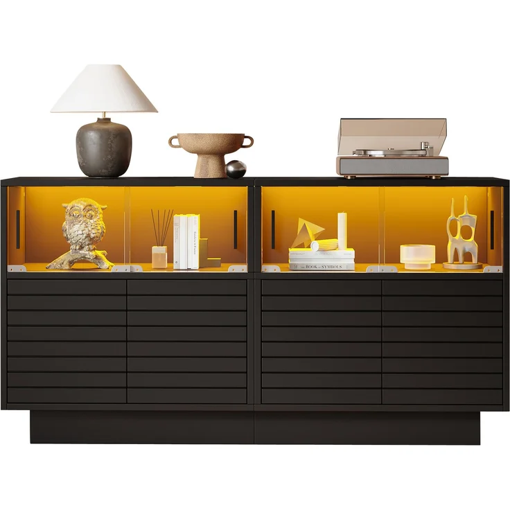 ZUBALIYA Sideboard 130x35x68 cm, mit LED-Beleuchtung, mit Glastüren, aus Spanplatte, Schwarz – Bild 2