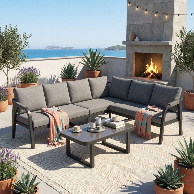 Merax Gartenmöbel-Set 6 Sitzer, Gartenlounge-Set Gartensofa mit Kissen und Tisch, Gartengarnitur Sofagarnitur Geflochten, Grau