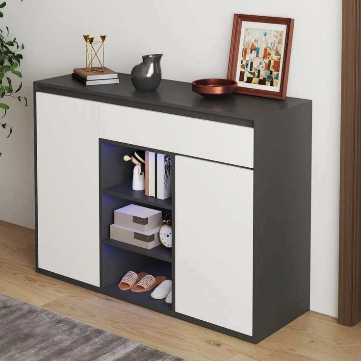 Schuhschrank aus Spanplatte mit LED & Glasböden, 105x39,5x86 cm, Schwarz – Bild 2