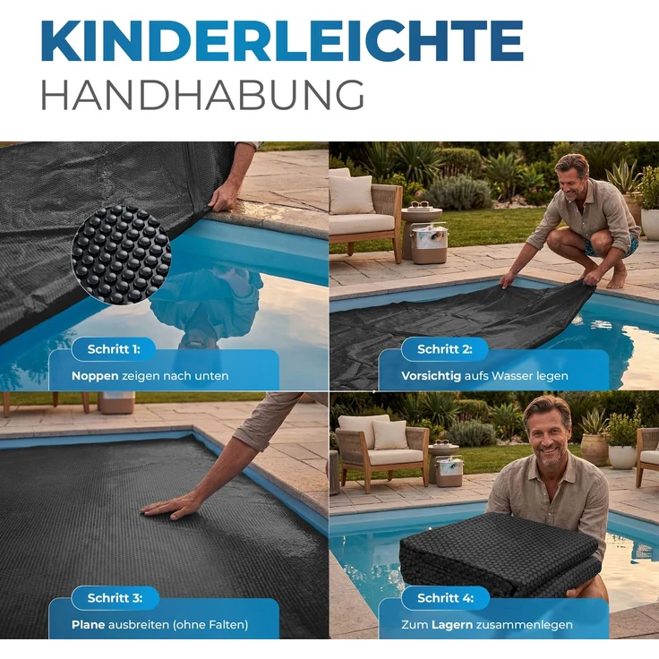 Miganeo Pool Solarfolie 600 x 400 cm Deluxe rechteckig |180 my | schwarz | 12 mm Luftblasen – Bild 4