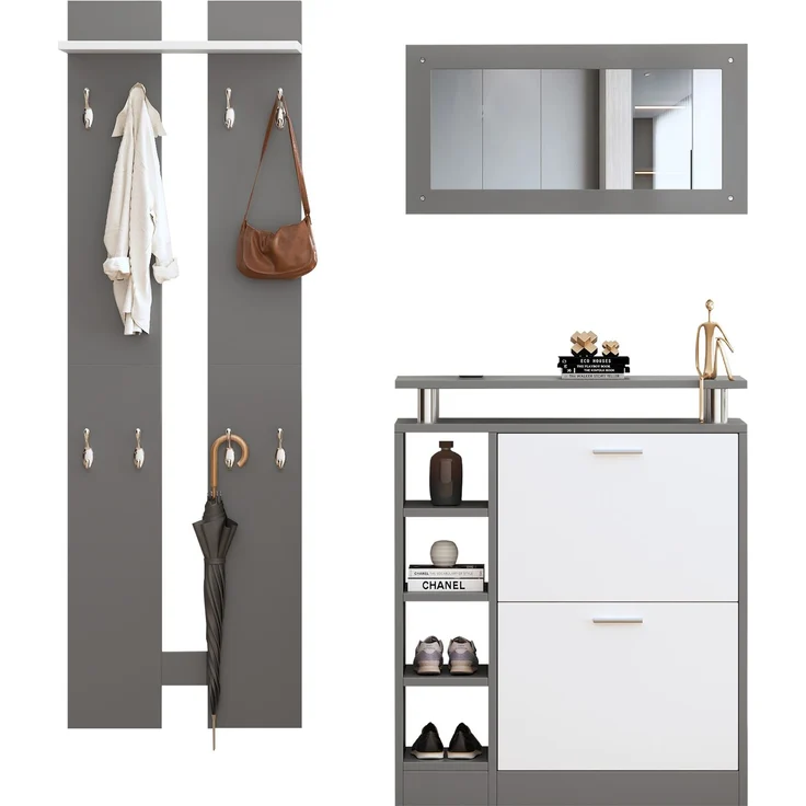 Wandgarderoben-Set 80 x 25 x 96.5 cm, inkl, Spiegel, 2 Wandpaneelen, einer Regalwand und einem Schuhschrank, Korpus anthrazitgrau matt, Flurmöbel, Flurtrockenständer, Flurgarderobe, Schuhwechsler-Set,--Grau, Weiß--91x50.5x19cm--YOUDENOVA – Bild 8