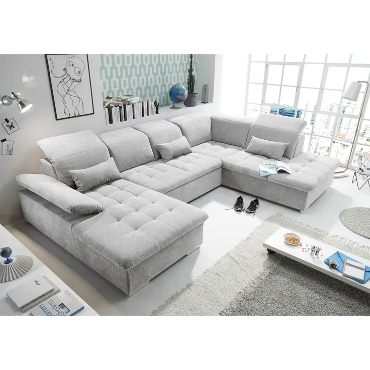 Couch WAYNE R Sofa Schlafcouch Wohnlandschaft Schlaffunktion hellgrau U-Form