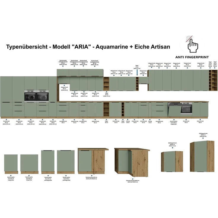 Küchen Unterschrank Schrankauszug 30 cm Küche ARIA Aquamarin ultra matt + Eiche Artisan matt, hochwertige Fronten mit Anti Fingerprint Beschichtung Küchenzeile Küchenblock – Bild 5