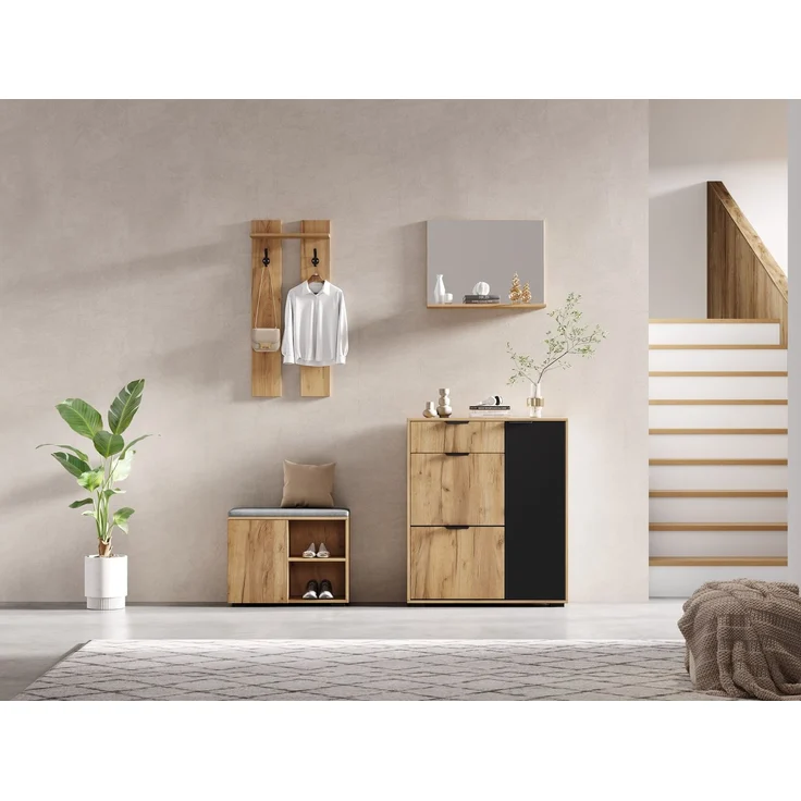 CHICFURN Schrank 140x139x35 cm mit Schuhbank, Spiegel und Haken – Natur/Schwarz – Bild 5