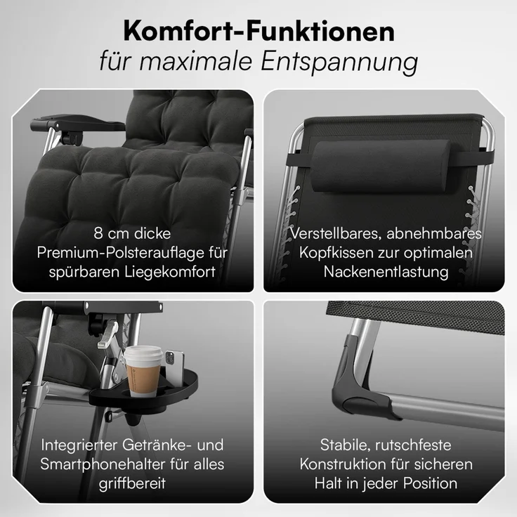 STEELSØN 'Lysira' Liegestuhl, klappbar & wetterfest, schwarz/silber, Sonnenliege mit extra dicker Polsterauflage, verstellbarer Gartenstuhl, bis 200 kg belastbar, 2er Set – Bild 4