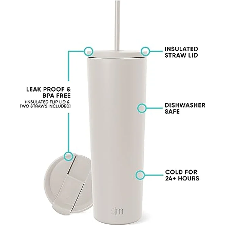Simple Modern Thermobecher mit Strohhalm und Deckel | Trinkbecher mit Henkel Wiederverwendbare Edelstahl | Geschenke für Frauen und Männer | Classic | 830ml | Almond Birch – Bild 2