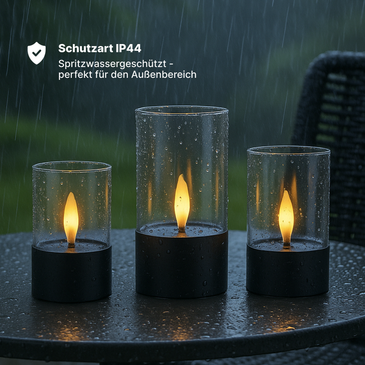 Brilliant Bougie LED-Kerzen 3er-Set - schwarz/geräuchertes Glas, warmweiß flackernd, 10 cm,12,5 cm,15 cm, batteriebetrieben, Dekoration für drinnen & draußen – Bild 8
