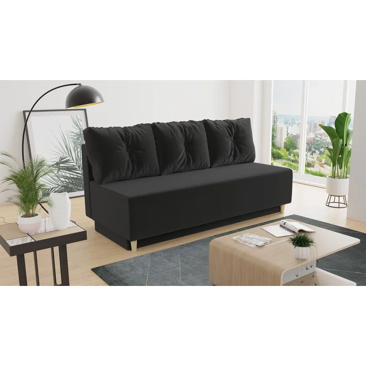 Schlafsofa Mico - Sofa mit Bettkasten, Couch mit Schlaffunktion, Bettfunktion, Bettsofa mit Bonell-Ferderkern, Velours (Schwarz (Kronos 07))