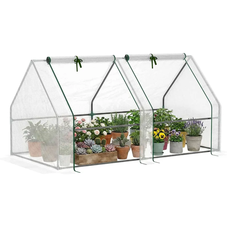 MELAYR, Mini-Terrassen-Gartengewächshaus, 180 x 90 x 90 cm, Stahlrohr-Hüttentyp, mit 2 Rollfenstern, weiß, für Zuhause