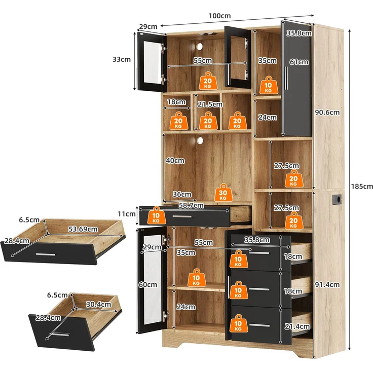 Buffetschrank 100 x 40 x 185 cm, Küchenschrank aus MDF mit LED-Beleuchtung, Steckdose und Glastüren – Bild 5