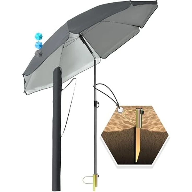 4smile SunnyJoy 3-IN-1 Set mit Sonnenschirm Strand in Anthrazit - Strandschirm windfest stabil 200 cm mit Hülle + Rasendorn Sonnenschirmhalter - Sonnenschirm mit Rasendorn für Garten, Schirmspieß – Bild 1