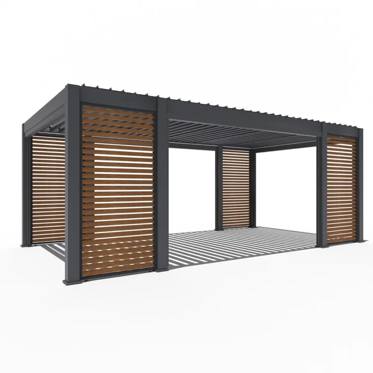Weide Prestige Pergola | Voll-Alu-Pavillon | Inkl. LED, 4x Lamellenwand & 4x Sonnenrollo | Lamellendach Anthrazit | 3,6x6,57 M