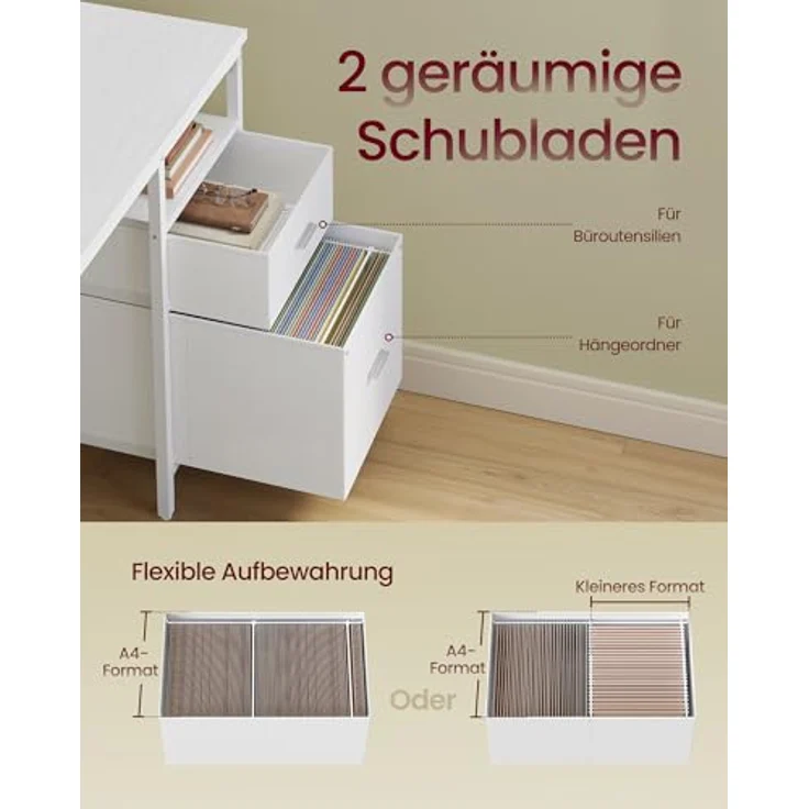 VASAGLE Schreibtisch mit Stoff-Schubladen, Computertisch mit Monitorständer, Bürotisch, 2 AC-Steckdosen, 2 USB-A-Anschlüsse, für Homeoffice, 140x60 cm, ahornweiß LWD094W01V1 – Bild 5