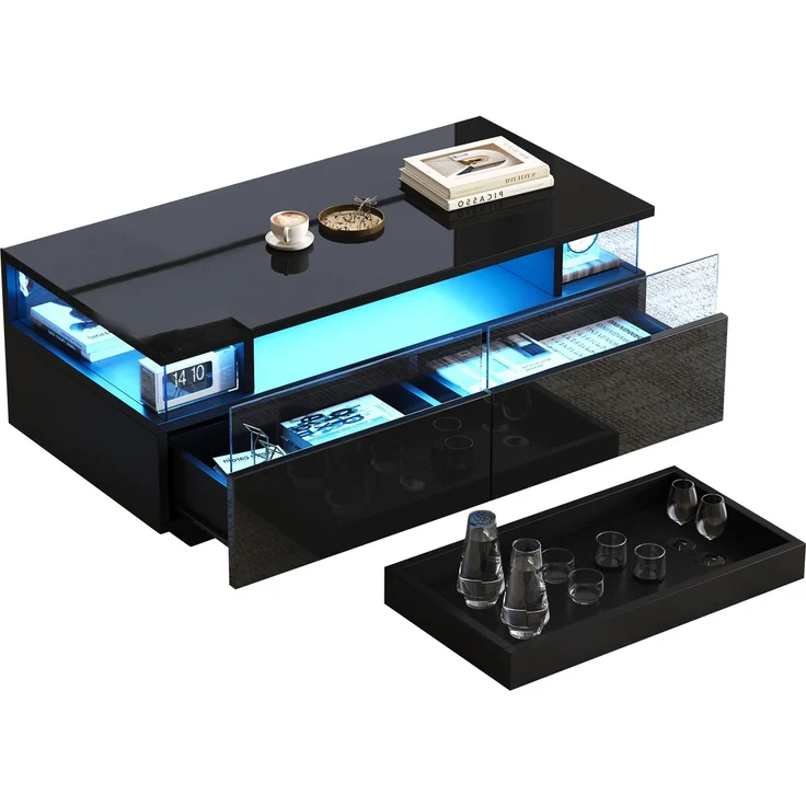 Merax Couchtisch mit Tablett, Hochglanz-Couchtisch fürs Wohnzimmer, Sofatisch mit 2 Schubladen, tragender Beistelltisch aus gehärtetem Glas, kaffeetisch mit LED-Licht, Schwarz – Bild 10