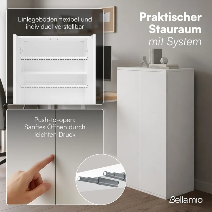 Bellamio 'Ais' Mehrzweckschrank, weiß, 110x33x60 cm, kleiner Aktenschrank mit 3 Fächern, Hängeschrank mit Push-to-open – Bild 3