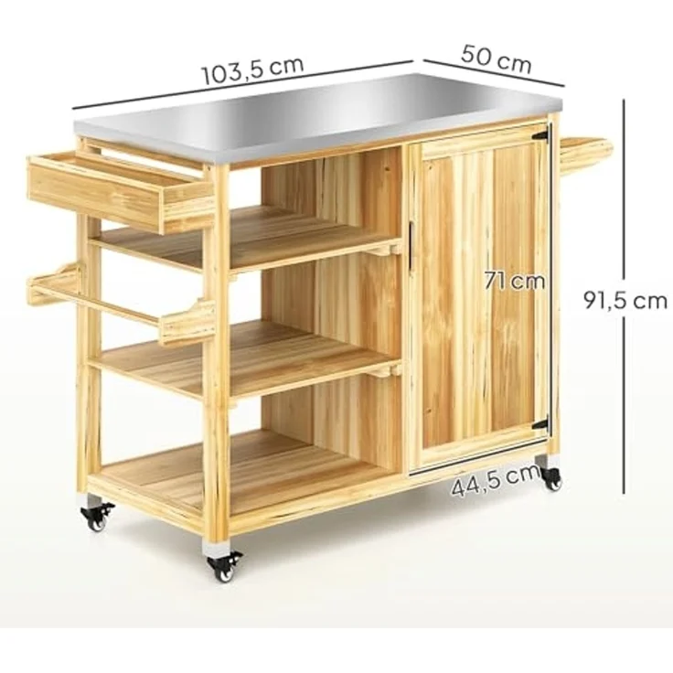 Outsunny Servierwagen 6-Etagen mit Arbeitsfläche Handtuchregal, aus Tannenholz, (BBQ Grilltisch, 1 St, Grillwagen), für Garten, Terrasse 134,5x50x91,5cm Naturholz – Bild 7