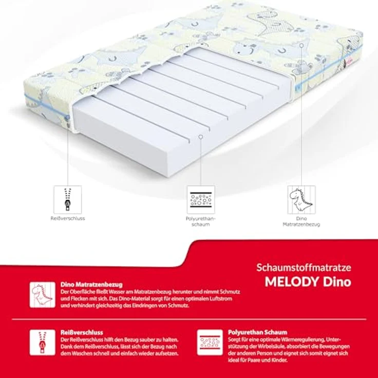 FDM Somnia Kindermatratze 80x190 cm Kaltschaummatratze Höhe 10 cm Härtegrad H3 Öko-Tex Allergikergeeignet Bezug Waschbar Matratzenbezug Dino – Bild 3