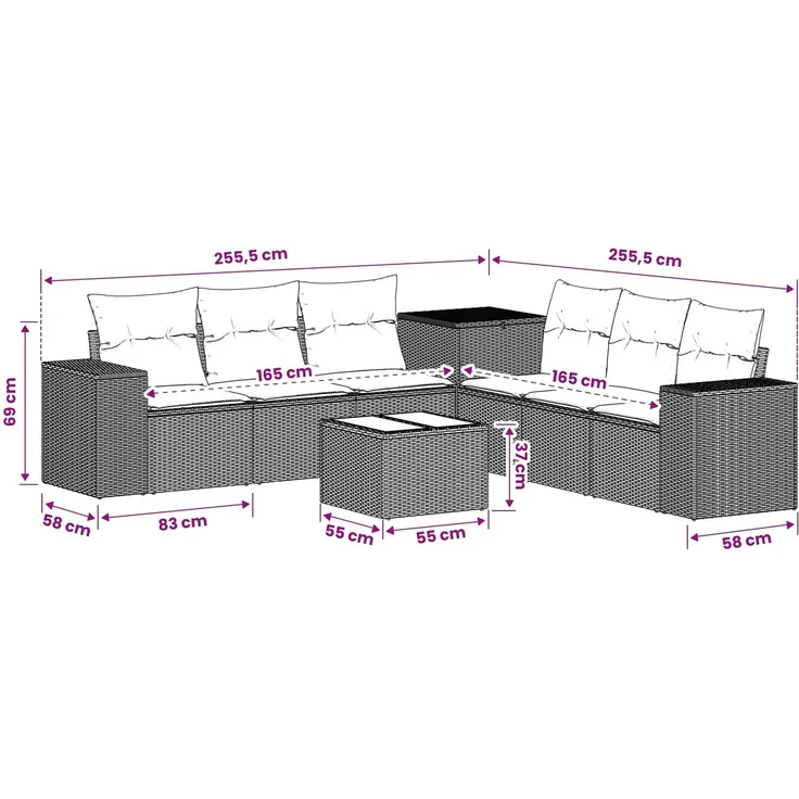 vidaXL Sofa Set 8 stk. Schwarz und Blau Polyrattan und Stahl 3448478 – Bild 11