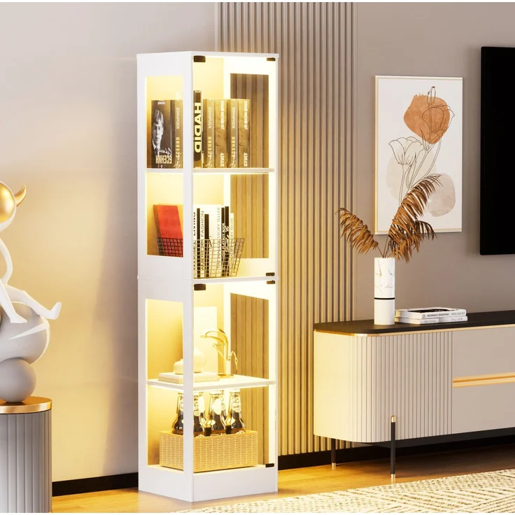 DESVIAE Vitrine mit LED-Beleuchtung und Bewegungssensor 40x165x35 cm MDF Glas Weiß – Bild 4
