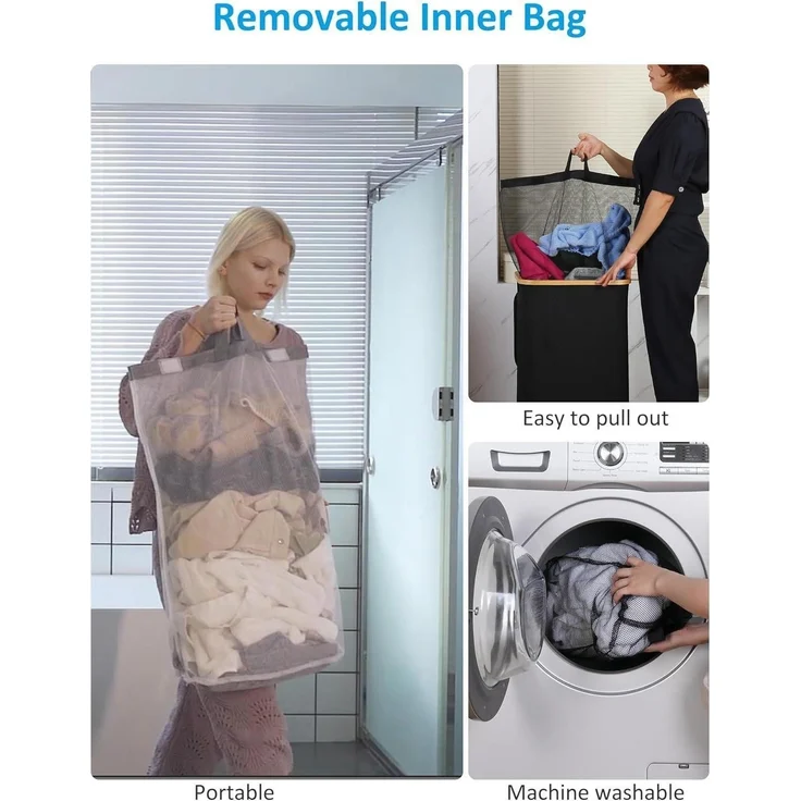 XL Wäschekorb mit Rollen 100L Bambus Deckel Herausnehmbar Waschbar Beige – Bild 5