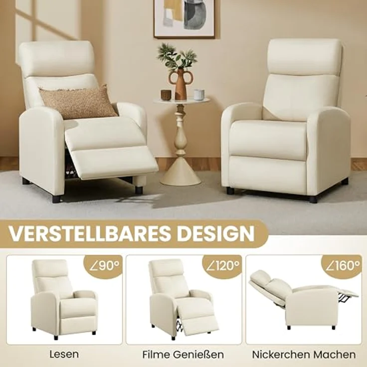 Yaheetech Relaxsessel Fernsehsessel Einzelsofa Ruhesessel mit Verstellbarer Beinablage Liegesessel aus Kunstleder Beige – Bild 5