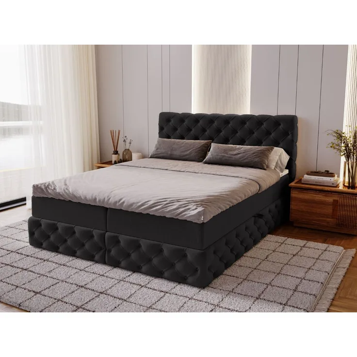 GRAINGOLD Canolo Doppelbett 180x200, Boxspringbett mit zwei Bettkästen, Glamour Stil, Velour-Stoff, Schwarz