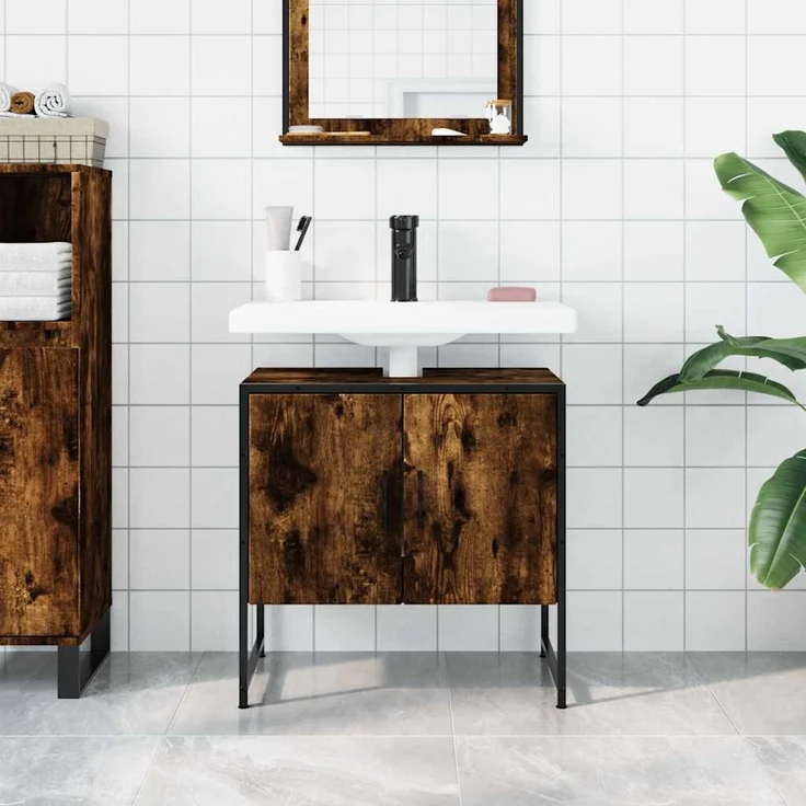 Waschbeckenunterschrank, Unterschrank Räuchereiche 60x33x60 cm Holzwerkstoff – Bild 3