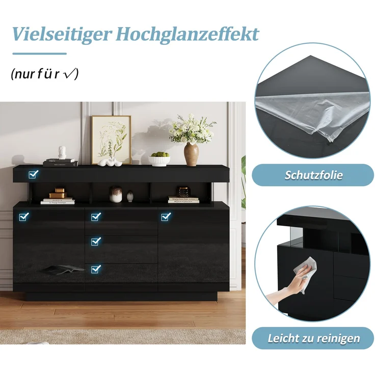ZUBALIYA Sideboard 140x35x80 cm, mit LED-Beleuchtung, Hochglanz, aus Spanplatte, Schwarz – Bild 10