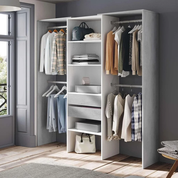 Habitdesign, offener Kleiderschrank mit 2 Schubladen – modernes Garderobensystem mit Kleiderstangen und Einlegeböden, in Artik weiß und Zementgrau, Maße: 179 x 202 x 50 cm (B x H x T), Modell Tidy – Bild 2
