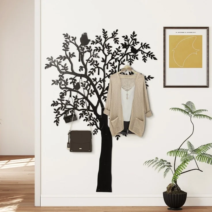 Faumrta Wandgarderobe, Wandmontierter Mantelhaken, Baumdesign mit Vögeln, Schwarz120CM*5CM*175CMSchwarzMetall – Bild 2