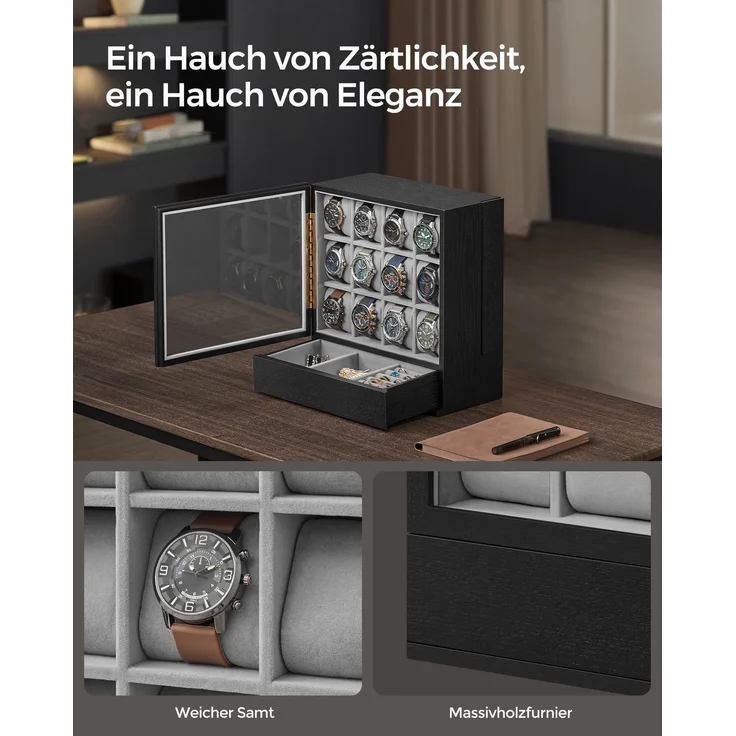 SONGMICS Uhrenbox 12 Fächer, Uhrenkasten mit Fenster, Uhren-Präsentation, Massivholzfurnier, Samtfutter, vertikale Aufbewahrung, platzsparend, Geschenkidee, ebenholzschwarz JOWDE014B01 – Bild 4