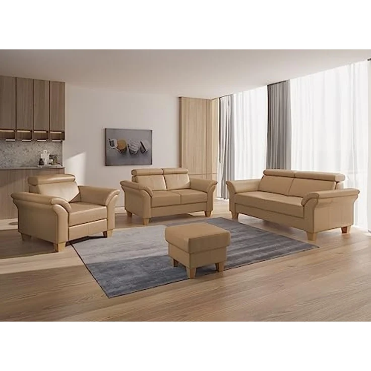 CAVADORE Echtleder-Sessel Ammerland / Sessel im Landhaus-Stil mit Federkern + Kopfteilverstellung / 101 x 84 x 93 / Leder Beige – Bild 2