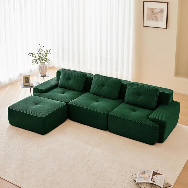 3 Sitzer Sofa modular Ecksofa Cord Grün 3-Sitzer-Sofa + 1 Hockern – Bild 1