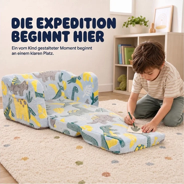 Jiexi Kindersofa Kindersofa ausklappbar Lammvlies Kindersessel Leuchtend Dino – Bild 2