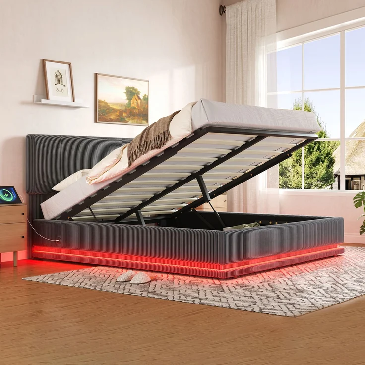 Polsterbett Cord mit LED & USB-Anschluss, 141x207x102-112 cm, Dunkelgrau, ohne Matratze – Bild 2