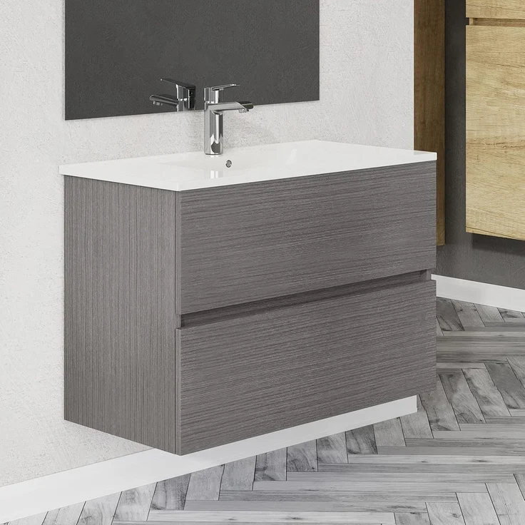 Baikal, Natura Badezimmermöbel mit reduziertem Boden, mit Keramikwaschbecken, Aufteilung mit Zwei Schubladen, montierter Schrank, Zwei Schubladen ohne Spiegel, Tiefe 39 cm, 90 cm, Asche – Bild 4