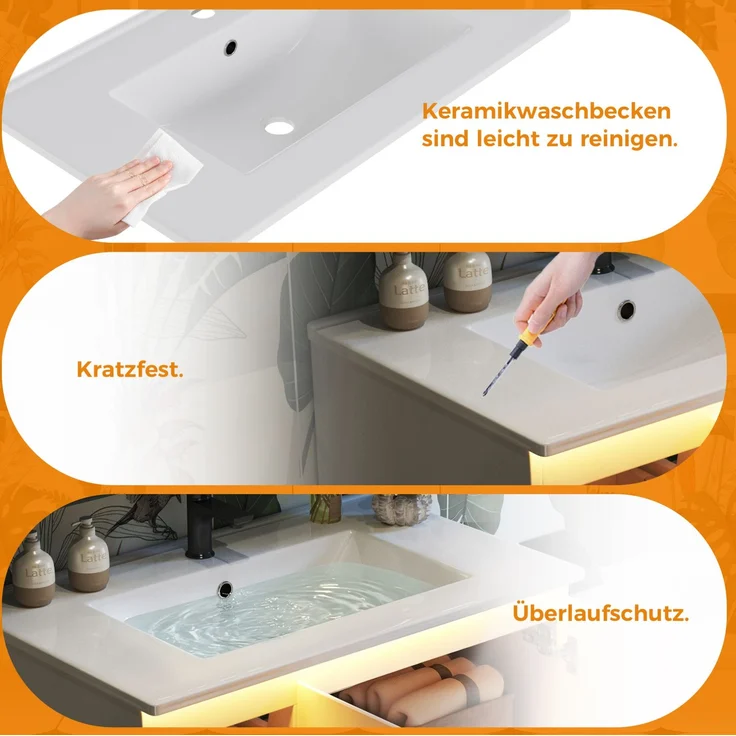 Waschtisch 76x47x57 cm, wandhängend, mit Keramikbecken und LED-Sensorbeleuchtung, Weiß – Bild 6