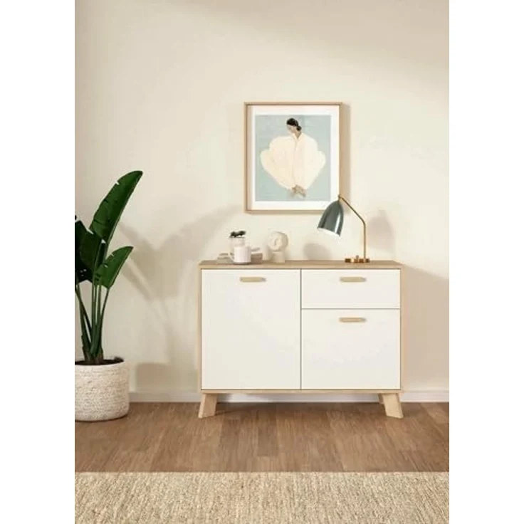 Dmora - Kommode Deirdr, Wohnzimmerbuffet, Wohnzimmer-Sideboard, Moderne Küchen-Speisekammer, 99x39 h73 cm, Eiche und Weiß – Bild 4