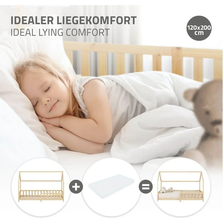ML-DESIGN Spielbett Hausbett Kinderbett inkl. Lattenrost kreativ Bodenbett für Kinder, Abenteuerbett zum Spielen mit Rausfallschutz Kiefer Natur Himmelbett – Bild 4