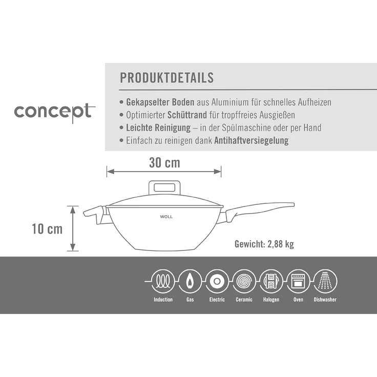WOLL Wok Concept 33×14×54 cm – Edelstahl mit ILAG Ultimate Antihaftbeschichtung, 5 mm Kapselboden, Glasdeckel, induktionsgeeignet, ofenfest bis 200 °C & spülmaschinenfest – Bild 5