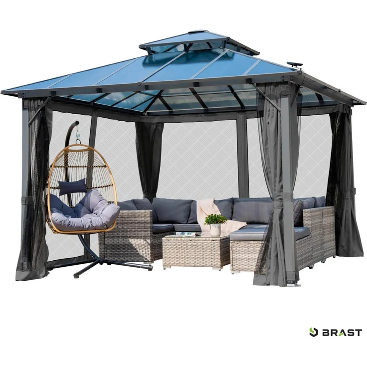 BRAST Pavillon Aluminium Pagode 3,5x3,5m Grau inkl. Moskitonetz festes Dach wasserdicht stabil UV-Schutz – Bild 9