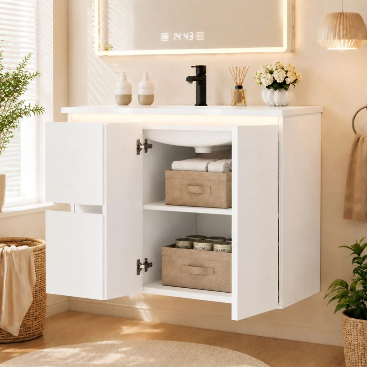 76*47*57cm, wandmontierter Waschtisch, komplett lackiert, LED-Radarsensorleuchte, Soft-Close-Scharniere, integriertes Waschbecken, weiß. – Bild 2
