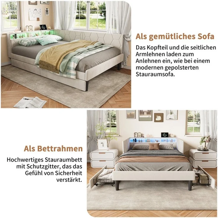 PXloue Polsterbett Daybett Tagesbett Ausziehbett (LED) (Samtstoff) (1-tlg, LED-Beleuchtung, Ladestation, in 2 Größen verfügbar), 2 Schubladen, Kopfteil Verwandelt sich in ein Bett, 140x200 cm – Bild 4