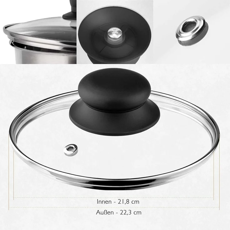 KONZEPT Topfdeckel Topfdeckel aus Glas Verschiedene Durchmesser, Ø 14 - 30 cm, Dampfauslass, spülmaschinengeeignet – Bild 3