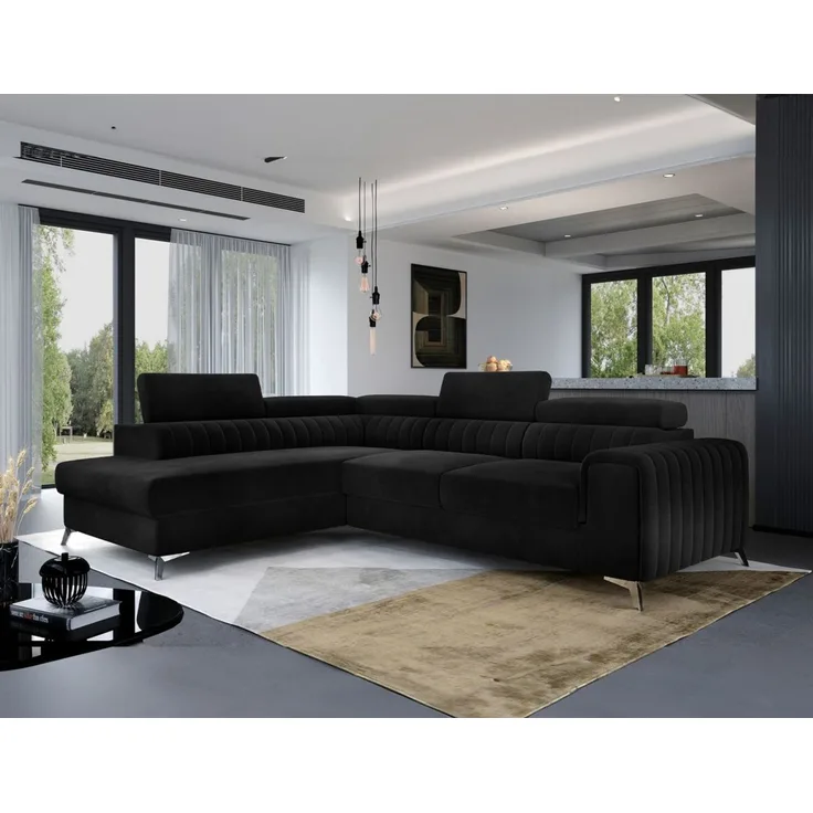 Ecksofa mit Schlaffunktion Sofa ELENI Stoff Matt Velvet Schwarz Ottomane Links