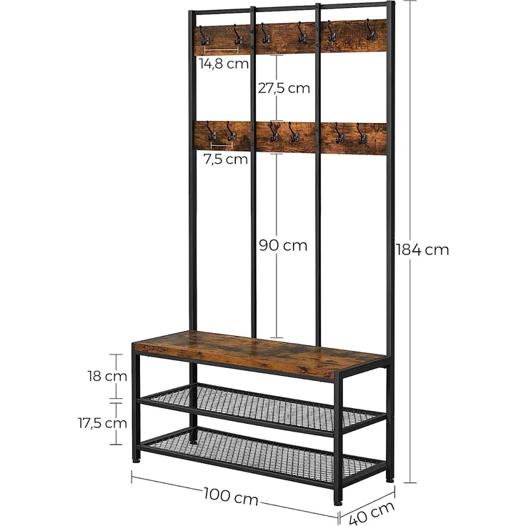 Vasagle große Garderobenständer mit Sitzbank im Industrie Design, Garderobe mit 12 Kleiderhaken und Schuhregal, Flurregal, Flur, Diele, Schlafzimmer, stabiles Eisengestell, 100kg, von Songmics, HSR86BX – Bild 5