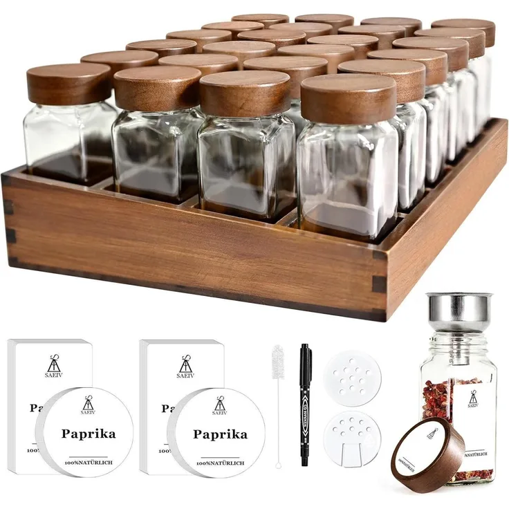 Gewürzregal Bambus Holz 24 Fächer 120ml-Gläser Organizer Etiketten Ständer