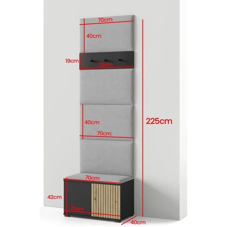 Garderoben-Set Rosario Version 6 mit Lamellen, mit Polsterplatten und Schuhschrank (Schwarz / Eiche Artisan, Trinity 01), 225 x 40 x 70 cm – Bild 2